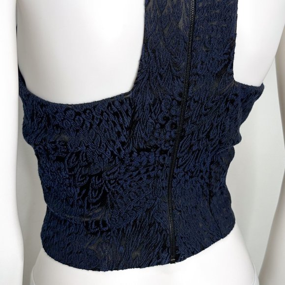 Intermix Embossed Textured High Neck Princess Seam Crop Blouse Top Navy Black - Picture 11 of 12